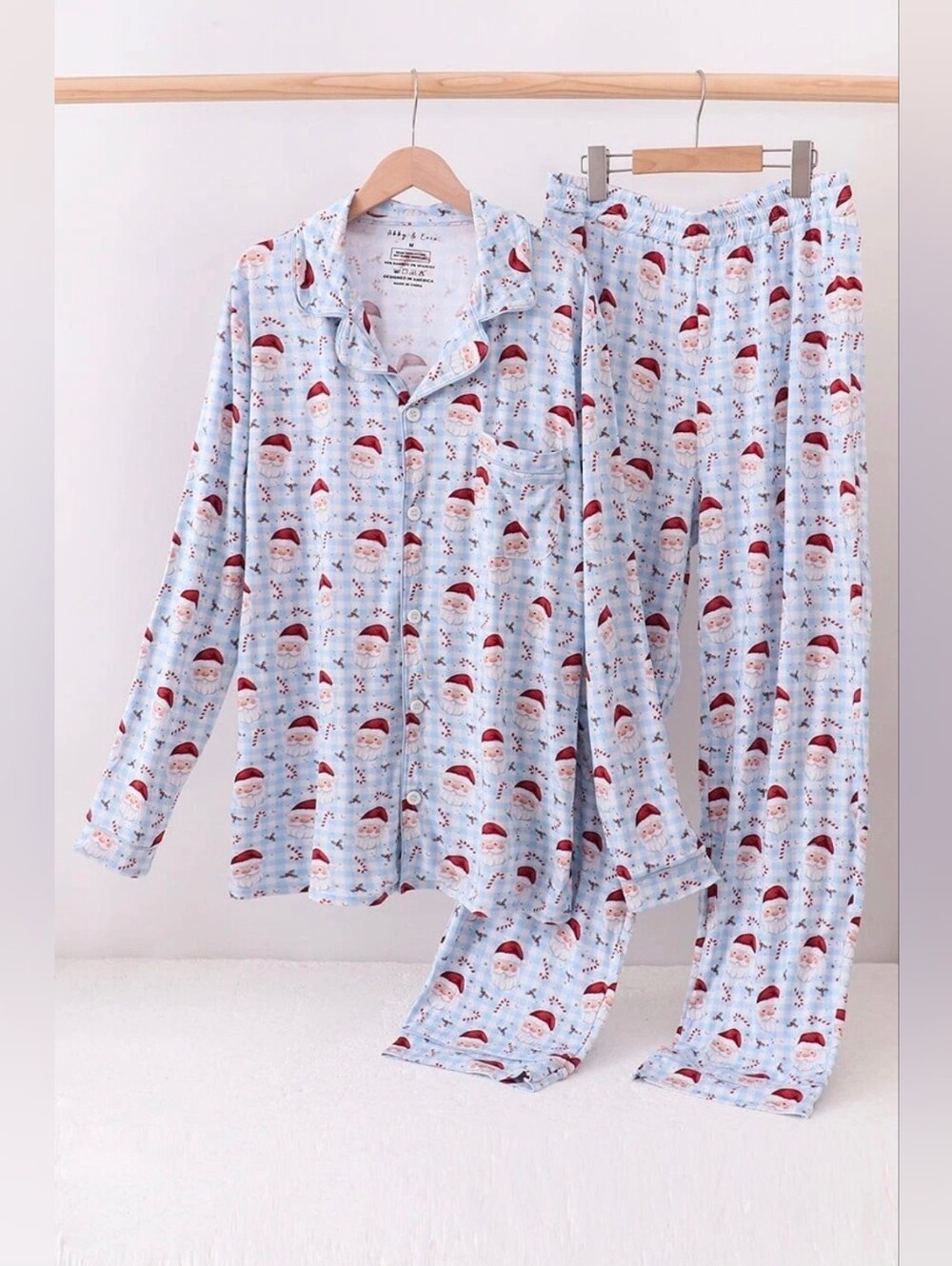 NWT Abby & Evie Blue Santa Claus Bamboo Dad or Mom Pajamas Set Button Down L
